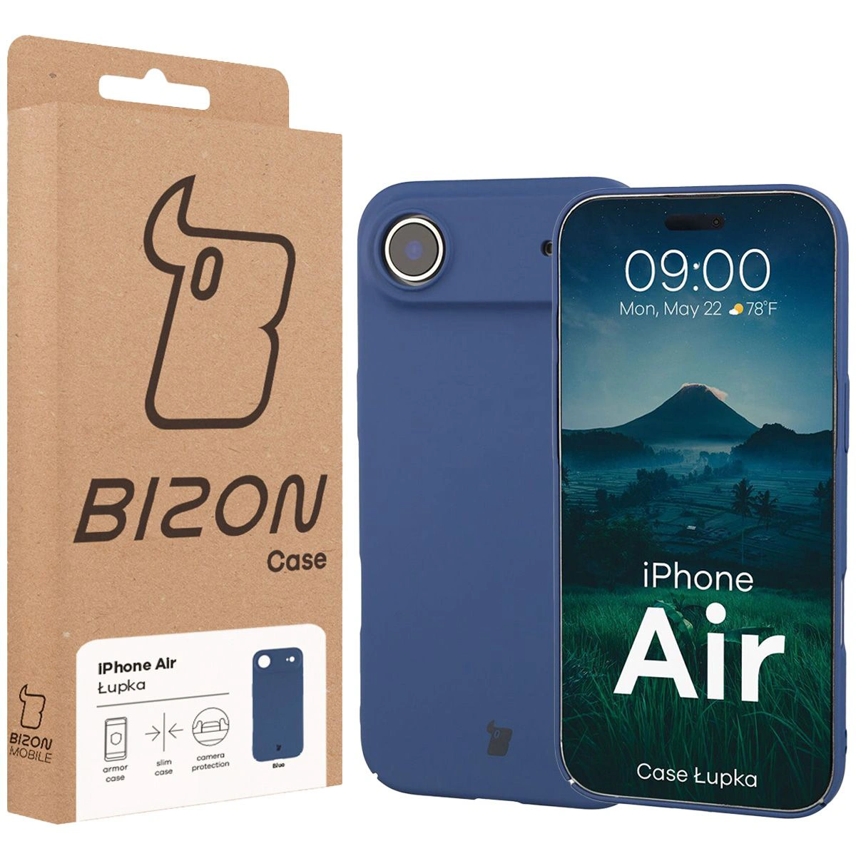 Przód pudełka Bizon Case z dedykowaną etykietą do Apple iPhone Air